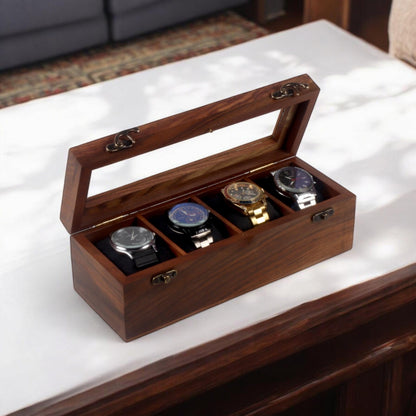 Personalised 4 Slots Wooden Watch Box for Men & Women, Timepiece Display Case, Jewelry Storage Organizer, Gift for Husband, Wedding Gift