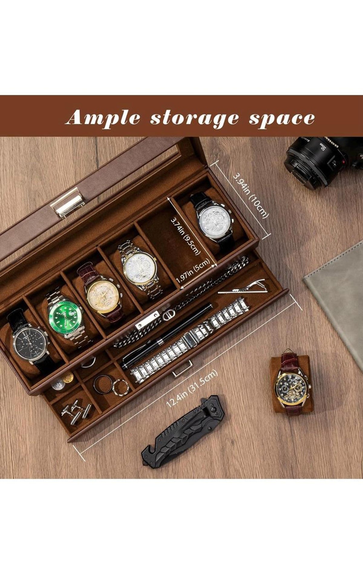 Leather Watch Box Organizer 6 Slots with Drawer | Elegant Watch Display Case Gift for Him or Her, Christmas Gift Idea