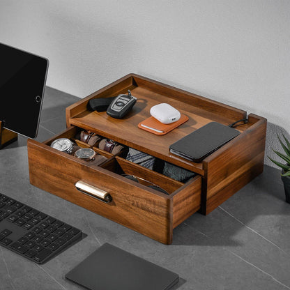 Mens Valet Box Personalized Anniversary Gifts for Him Engraved Wood Watch Box with Drawer Nightstand Organizer for Men Fathers Day Gift