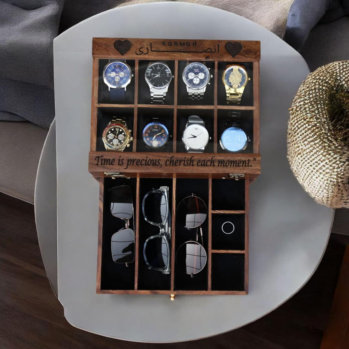Personalized Rosewood Watch Box with Sunglasses Drawer: Engraved Men's Organizer