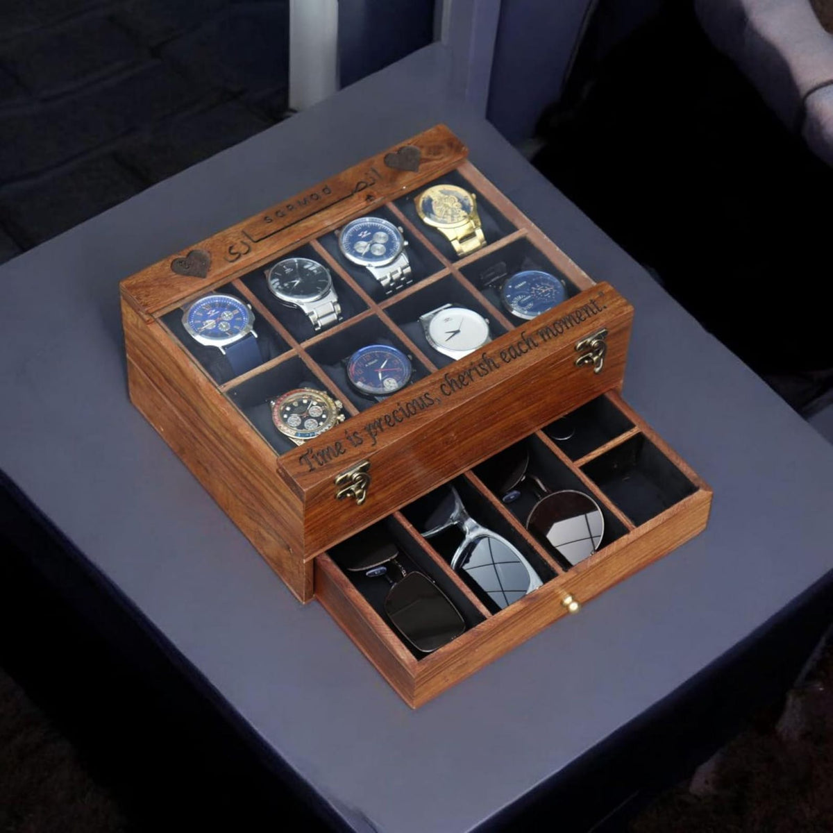 Personalized Rosewood Watch Box with Sunglasses Drawer: Engraved Men's Organizer