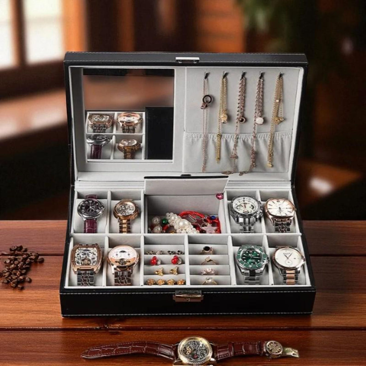 PU Leather Jewelry & Watch Box: Travel Organizer with Mirror