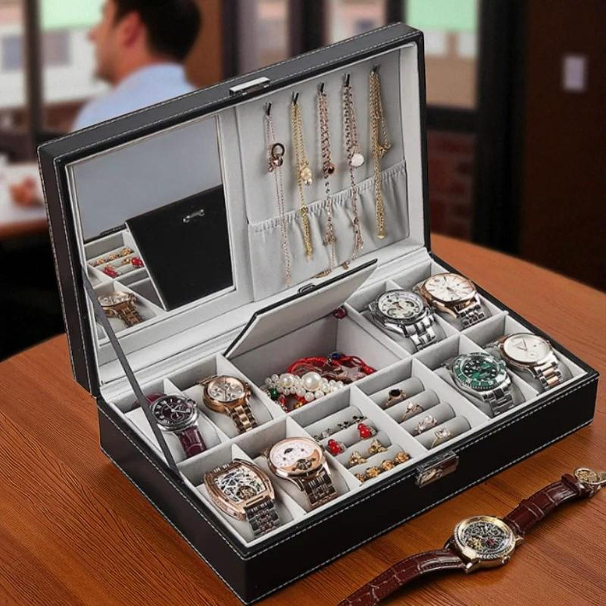 PU Leather Jewelry & Watch Box: Travel Organizer with Mirror