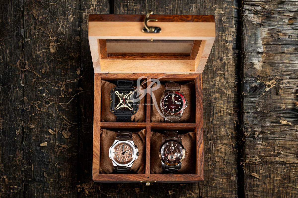 Handcrafted Wooden Watch Display Case for 4 Watches – Premium Luxury Rosewood Watch Organizer – Mens Watch Box – Perfect Birthday Gift