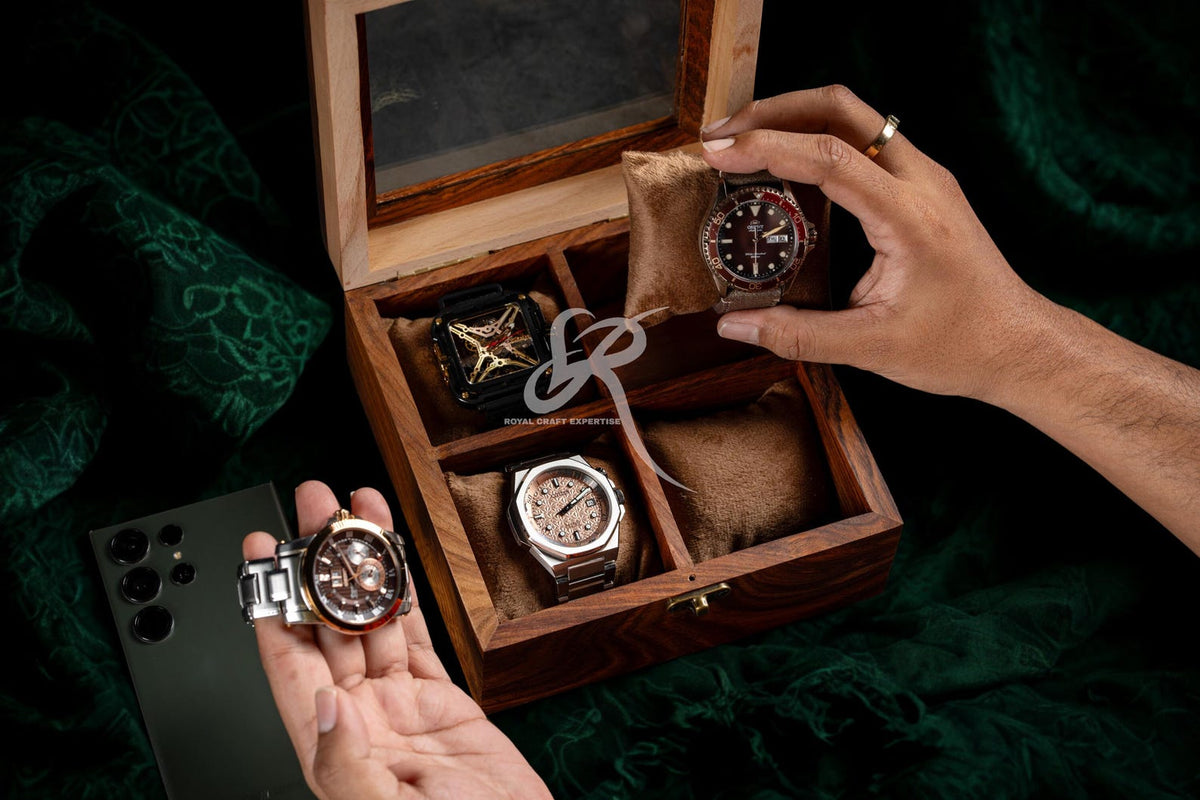 Handcrafted Wooden Watch Display Case for 4 Watches – Premium Luxury Rosewood Watch Organizer – Mens Watch Box – Perfect Birthday Gift