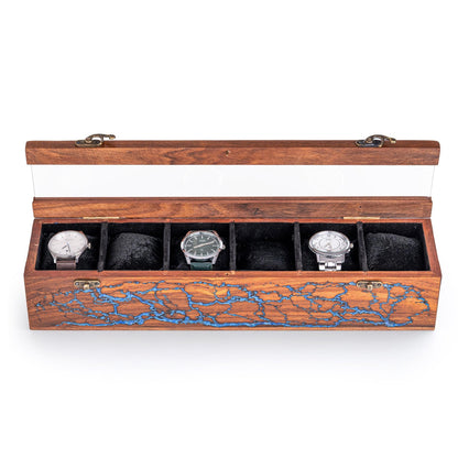 Watch Box for Men's and Women – Dark Rosewood Display Case with Glass Lid, Lichtenburg and Resin Work, Premium Watch Storage Box