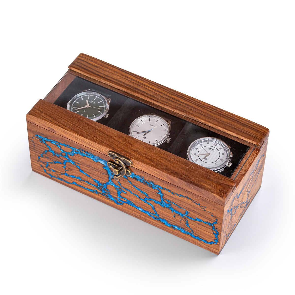 Watch Box for Men's and Women – Dark Rosewood Display Case with Glass Lid, Lichtenburg and Resin Work, Premium Watch Storage Box