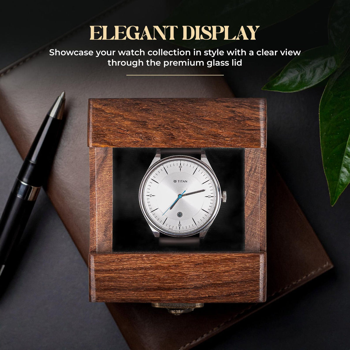 Watch Box for Men's and Women – Dark Rosewood Display Case with Glass Lid, Lichtenburg and Resin Work, Premium Watch Storage Box