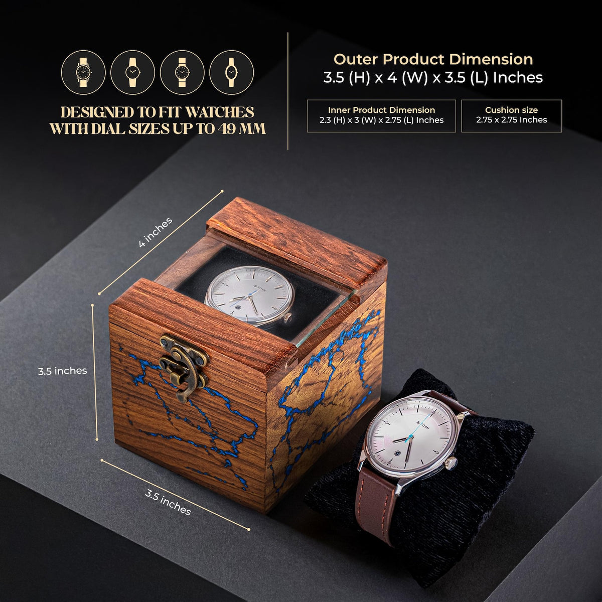 Watch Box for Men's and Women – Dark Rosewood Display Case with Glass Lid, Lichtenburg and Resin Work, Premium Watch Storage Box