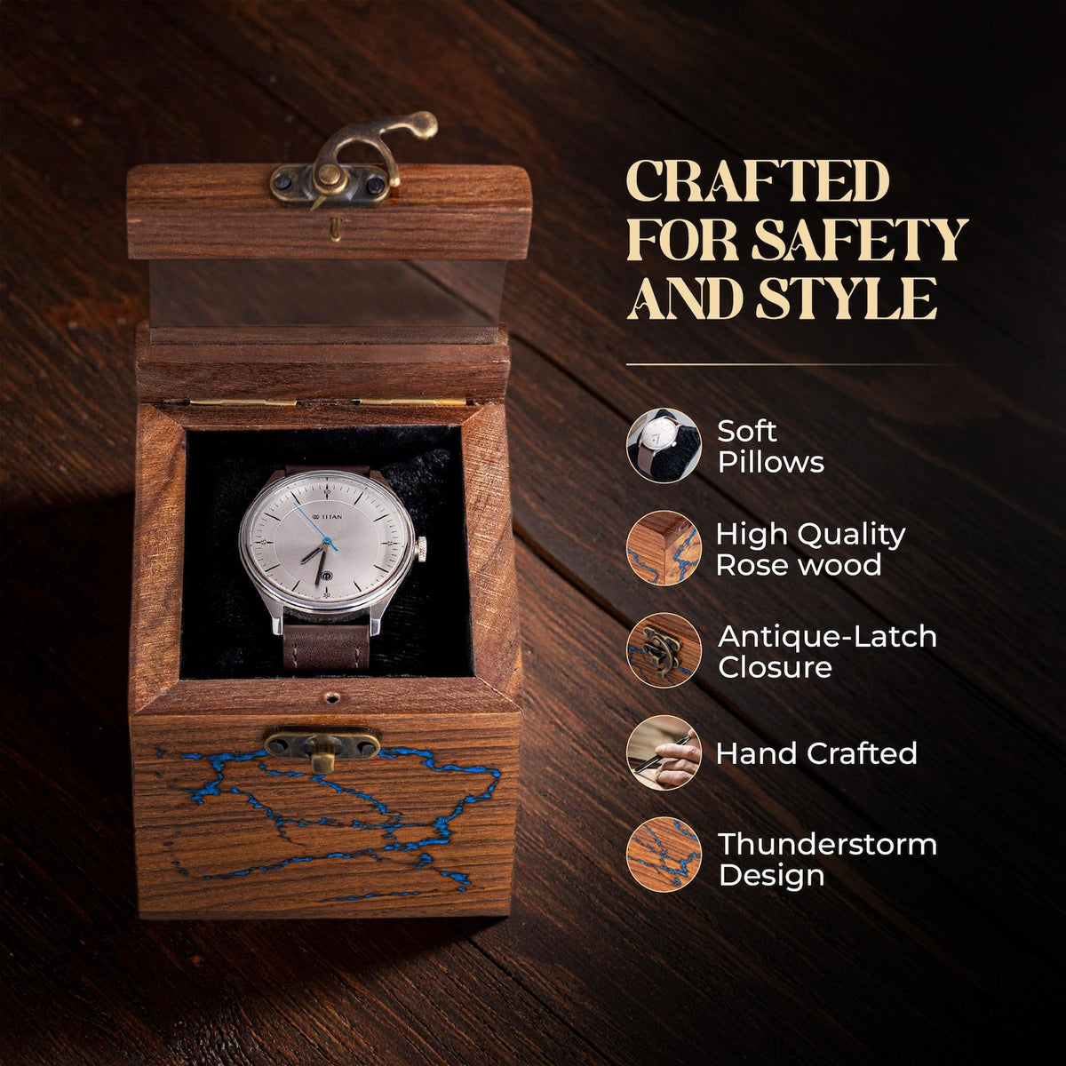 Watch Box for Men's and Women – Dark Rosewood Display Case with Glass Lid, Lichtenburg and Resin Work, Premium Watch Storage Box