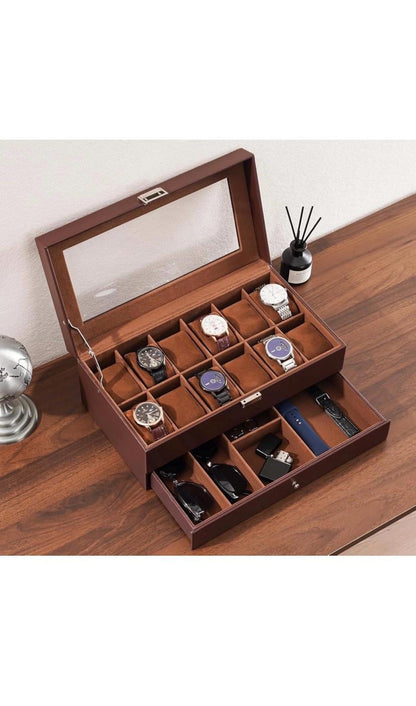 Leather Watch Box Organizer 12 Slots with Glass Lid & Drawer | Luxury Watch Case Gift for Him, Christmas or Anniversary Present