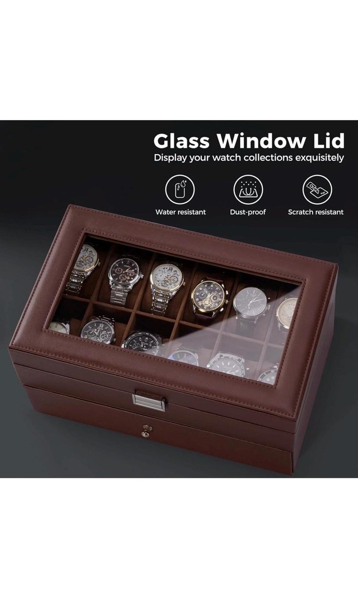 Leather Watch Box Organizer 12 Slots with Glass Lid & Drawer | Luxury Watch Case Gift for Him, Christmas or Anniversary Present