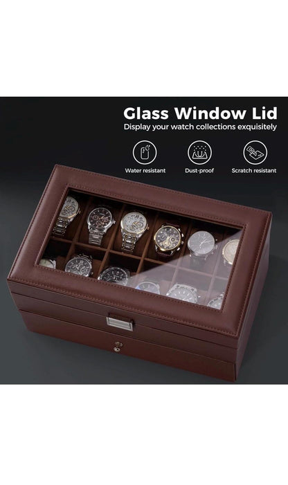 Leather Watch Box Organizer 12 Slots with Glass Lid & Drawer | Luxury Watch Case Gift for Him, Christmas or Anniversary Present