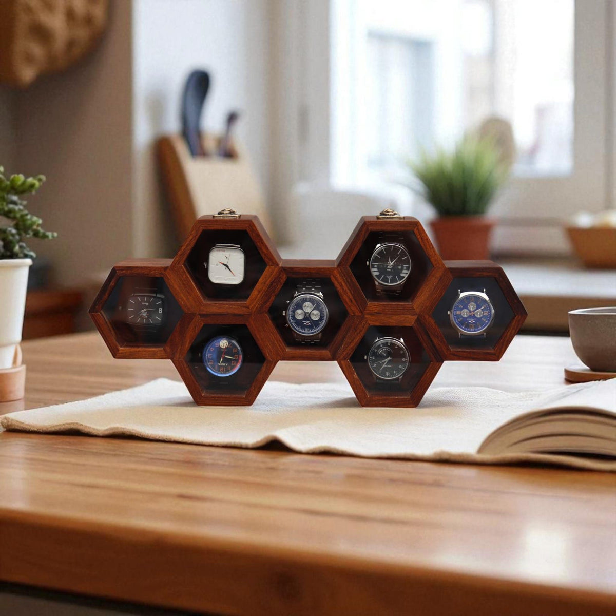 Handmade Vintage Watch Box, Wooden Watch Display Case for Men, Anniversary or Groomsmen Gift, Jewelry Box - Rosewood, Honeycomb Design