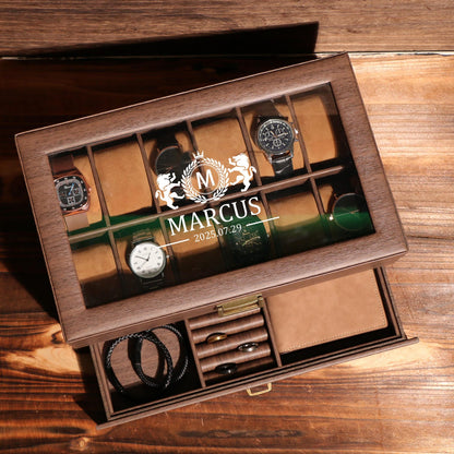 TWO Layers 6 Slot Personalized Men's Watch Box | with Drawer Watch Display Case for 6 Watches |Grain Leather watch box|Anniversary for Him