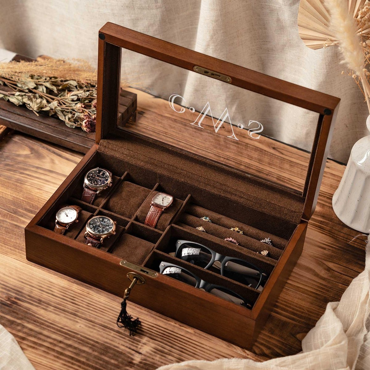 Personalized 3-in-1 Jewelry box, Sunglasses Box, Watch Box, Custom Gift For Husband, Storage box for Cufflinks, Anniversary Gift For Him