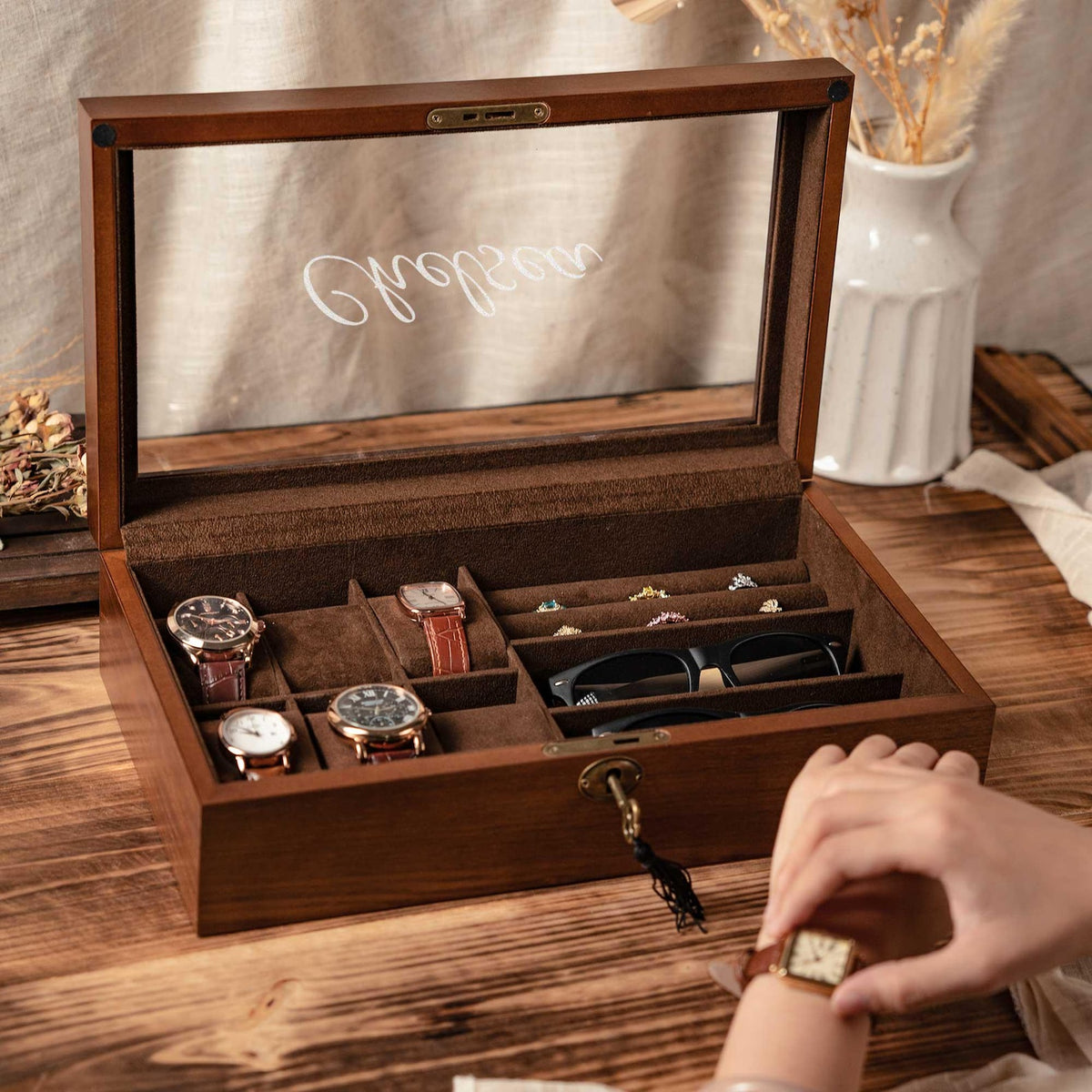 Personalized 3-in-1 Jewelry box, Sunglasses Box, Watch Box, Custom Gift For Husband, Storage box for Cufflinks, Anniversary Gift For Him