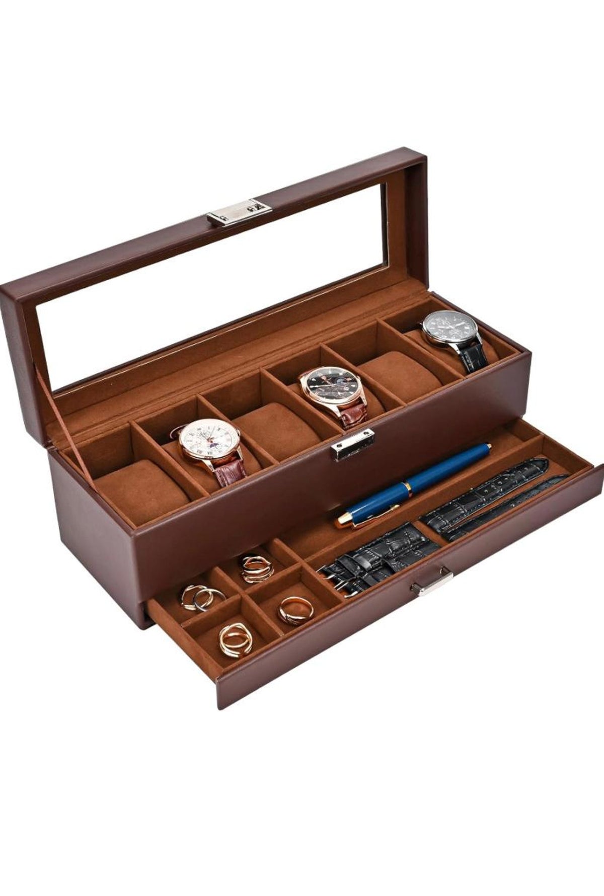 Leather Watch Box Organizer 6 Slots with Drawer | Elegant Watch Display Case Gift for Him or Her, Christmas Gift Idea