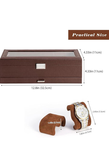 Leather Watch Box Organizer 6 Slots with Drawer | Elegant Watch Display Case Gift for Him or Her, Christmas Gift Idea