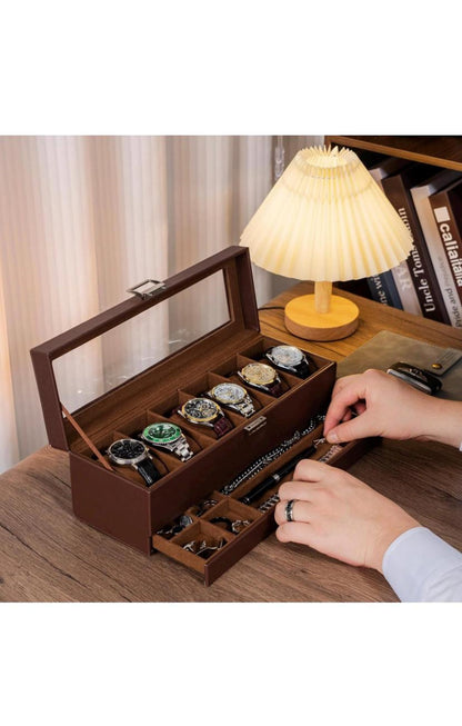 Leather Watch Box Organizer 6 Slots with Drawer | Elegant Watch Display Case Gift for Him or Her, Christmas Gift Idea