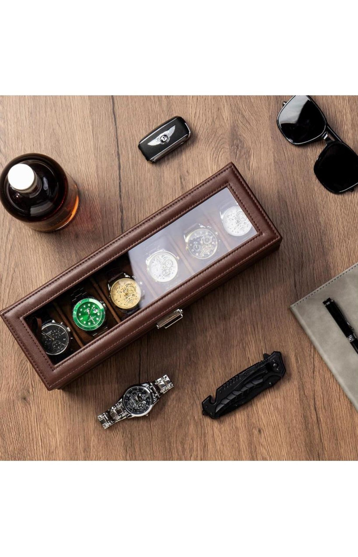 Leather Watch Box Organizer 6 Slots with Drawer | Elegant Watch Display Case Gift for Him or Her, Christmas Gift Idea