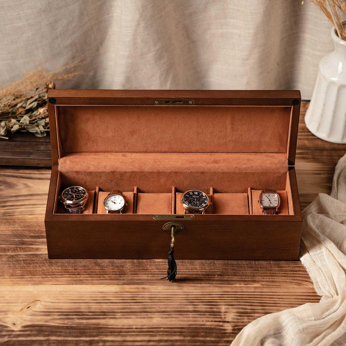 Engraved Walnut Wood Watch Box with Lock: 6-Slot Jewelry Storage, Christmas Gifts for Him