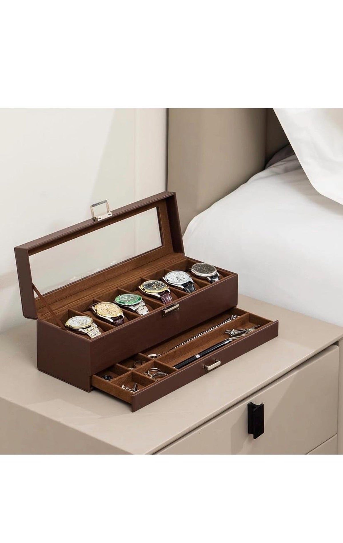 Leather Watch Box Organizer 6 Slots with Drawer | Elegant Watch Display Case Gift for Him or Her, Christmas Gift Idea