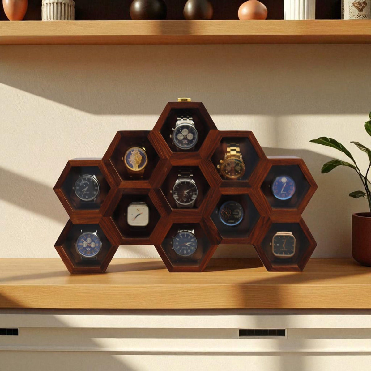 Vintage Watch Box for Men, Wooden Watch Storage Organizer, Display Case, Jewelry Box for Women - Honeycomb Shape, 11 Slots