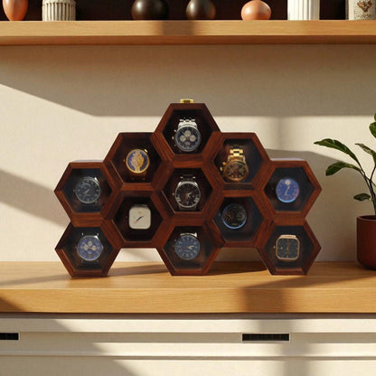 Vintage Watch Box for Men, Wooden Watch Storage Organizer, Display Case, Jewelry Box for Women - Honeycomb Shape, 11 Slots