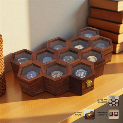Vintage Watch Box for Men, Wooden Watch Storage Organizer, Display Case, Jewelry Box for Women - Honeycomb Shape, 11 Slots