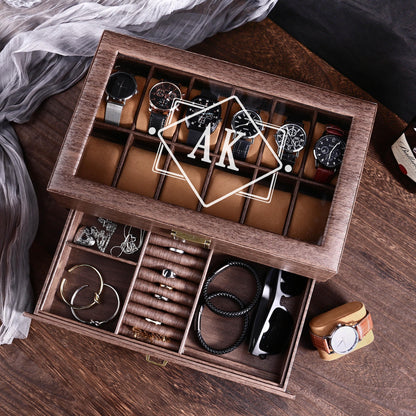 Personalised Brown Leather Watch Box for 3 6 12 slots Watches Storage | Custom Watch Cases for Men | Anniversary Gift for Husbands