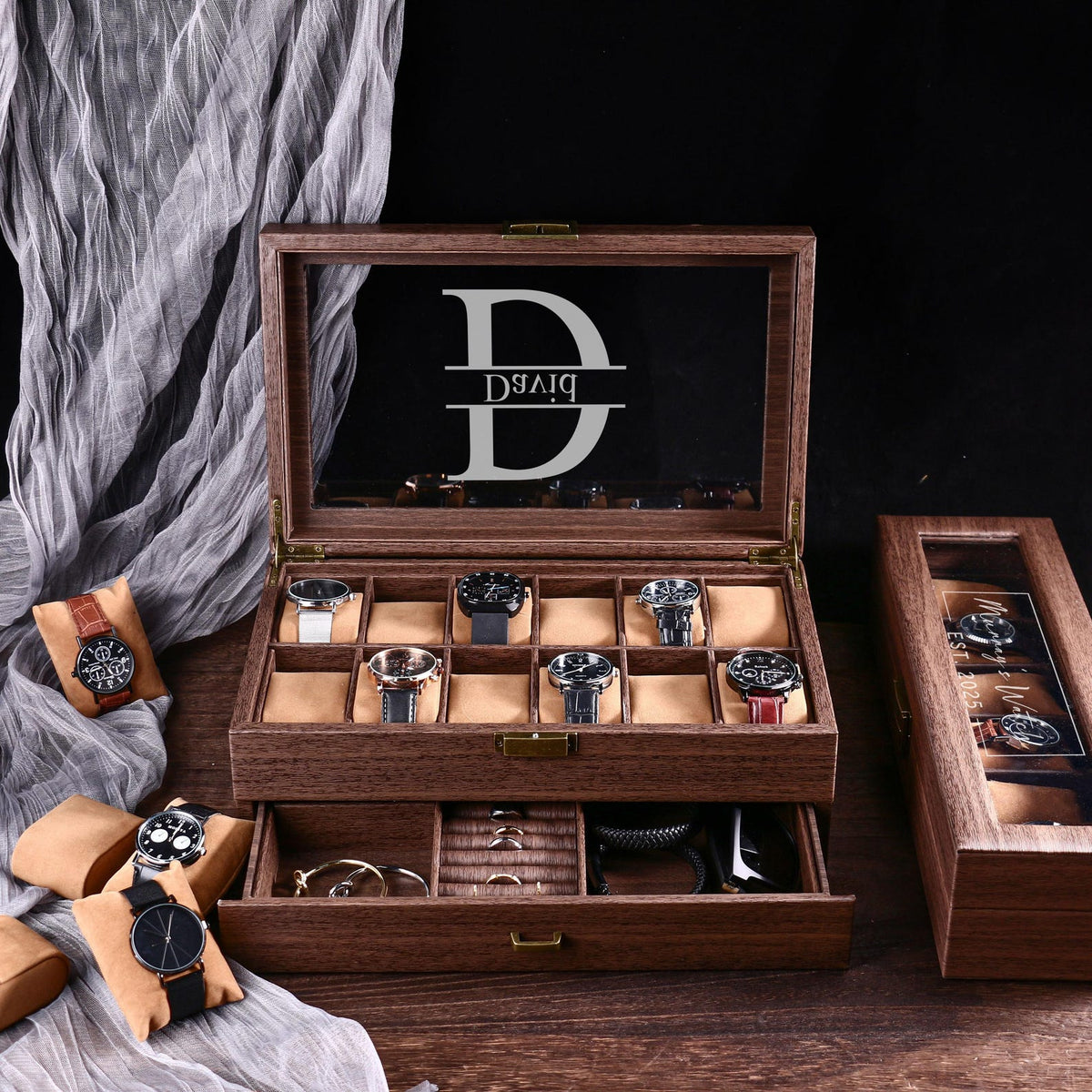 Personalised Brown Leather Watch Box for 3 6 12 slots Watches Storage | Custom Watch Cases for Men | Anniversary Gift for Husbands