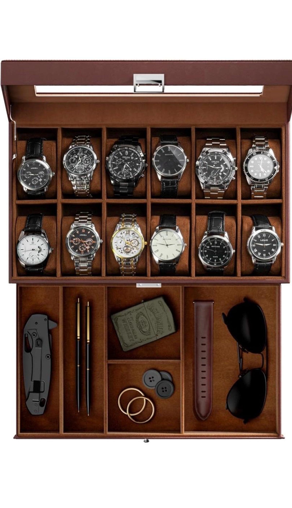 Leather Watch Box Organizer 12 Slots with Glass Lid & Drawer | Luxury Watch Case Gift for Him, Christmas or Anniversary Present