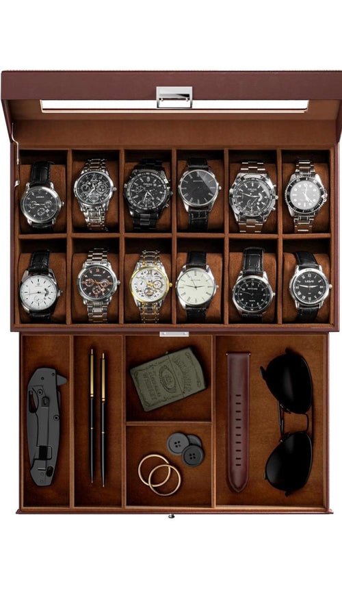 Leather Watch Box Organizer 12 Slots with Glass Lid & Drawer | Luxury Watch Case Gift for Him, Christmas or Anniversary Present