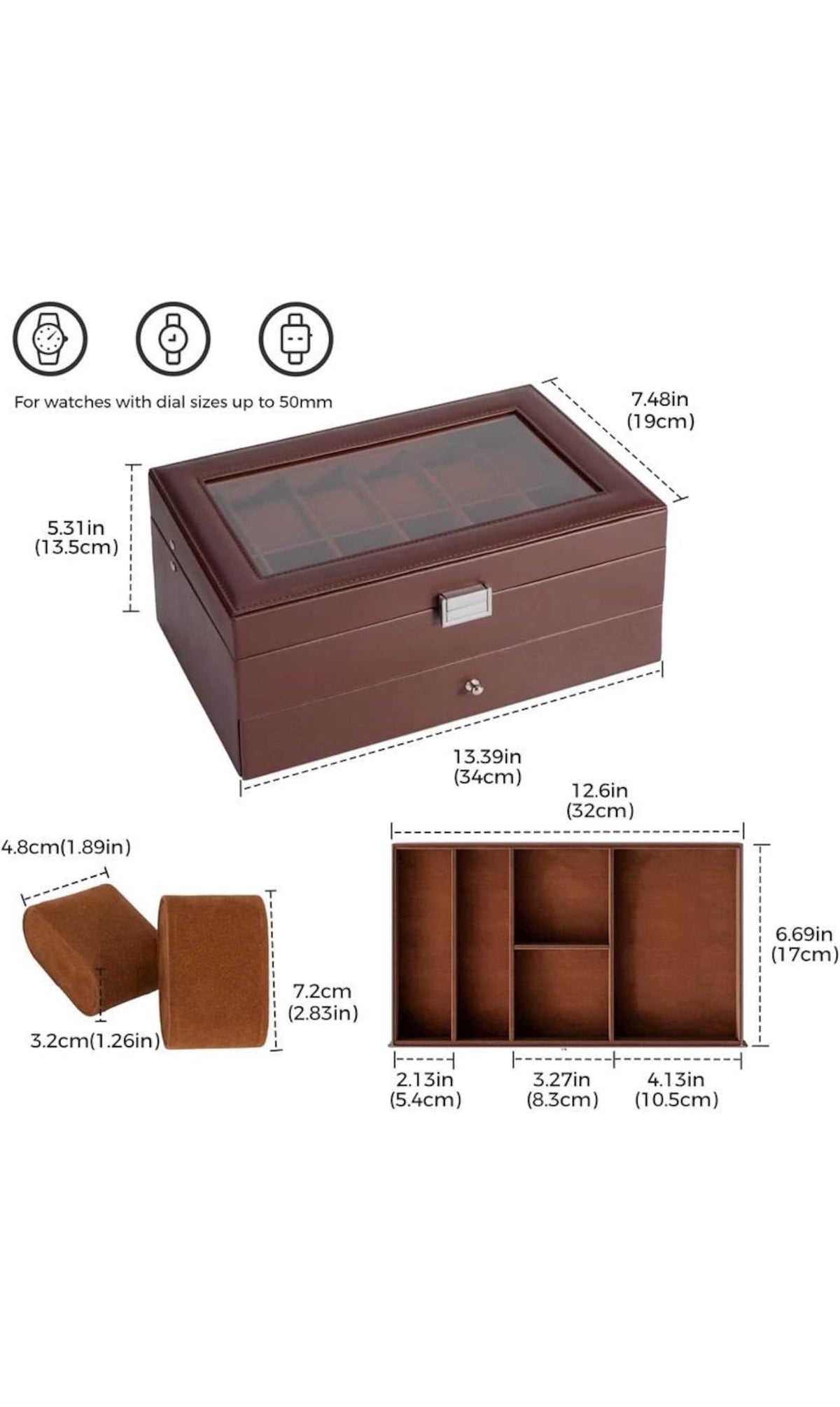 Leather Watch Box Organizer 12 Slots with Glass Lid & Drawer | Luxury Watch Case Gift for Him, Christmas or Anniversary Present