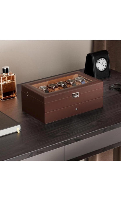 Leather Watch Box Organizer 12 Slots with Glass Lid & Drawer | Luxury Watch Case Gift for Him, Christmas or Anniversary Present