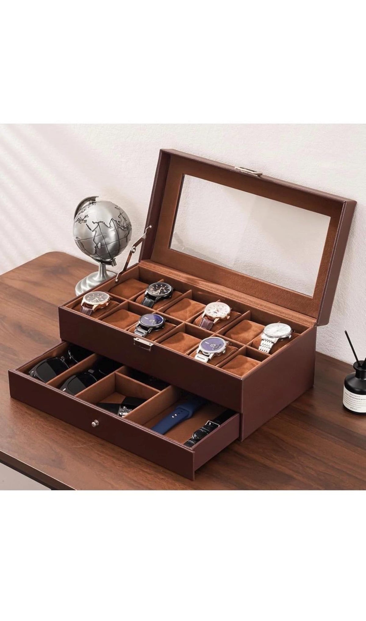 Leather Watch Box Organizer 12 Slots with Glass Lid & Drawer | Luxury Watch Case Gift for Him, Christmas or Anniversary Present