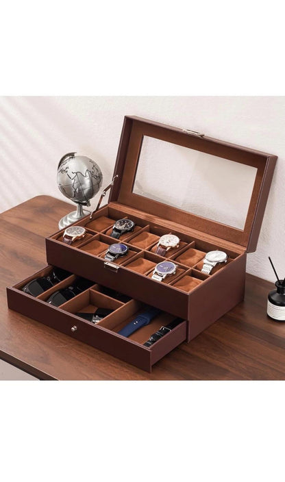 Leather Watch Box Organizer 12 Slots with Glass Lid & Drawer | Luxury Watch Case Gift for Him, Christmas or Anniversary Present