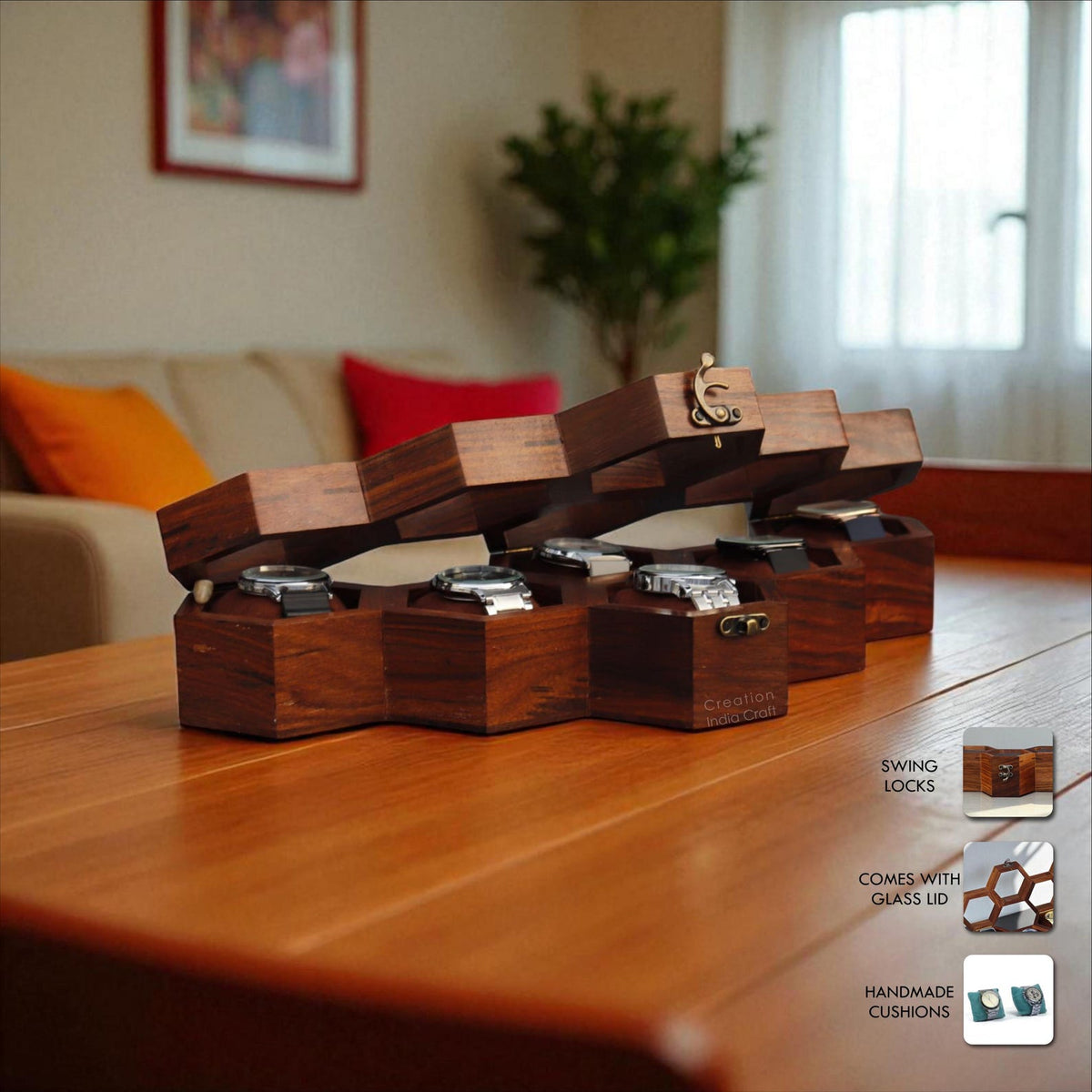 Handmade Vintage Watch Box, Wooden Watch Display Case for Men, Anniversary or Groomsmen Gift, Jewelry Box - Rosewood, Honeycomb Design
