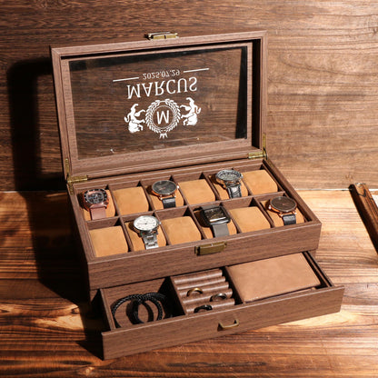 TWO Layers 6 Slot Personalized Men's Watch Box | with Drawer Watch Display Case for 6 Watches |Grain Leather watch box|Anniversary for Him