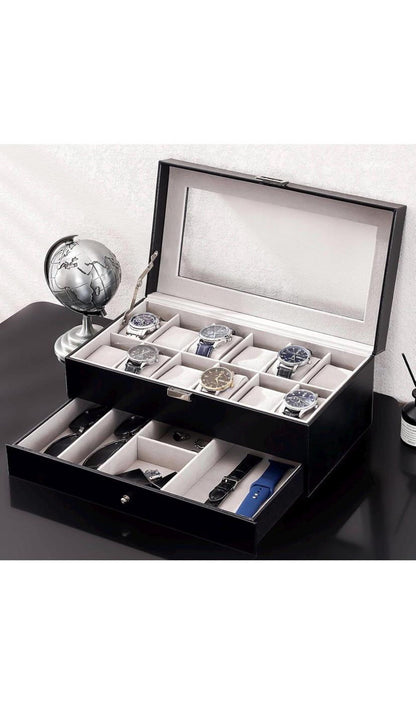 Leather Watch Box Organizer 12 Slots with Glass Lid & Drawer | Luxury Watch Case Gift for Him, Christmas or Anniversary Present