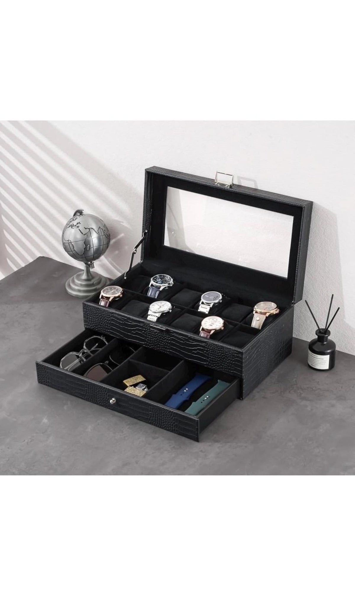 Leather Watch Box Organizer 12 Slots with Glass Lid & Drawer | Luxury Watch Case Gift for Him, Christmas or Anniversary Present