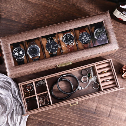 Custom Engraved 2 layer 6 Slot Leather Watch Box | Gift for Dad Birthday Gift for Men Anniversary Gift | Personalized Watch Storage Case