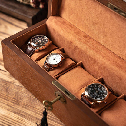 Engraved Walnut Wood Watch Box with Lock: 6-Slot Jewelry Storage, Christmas Gifts for Him