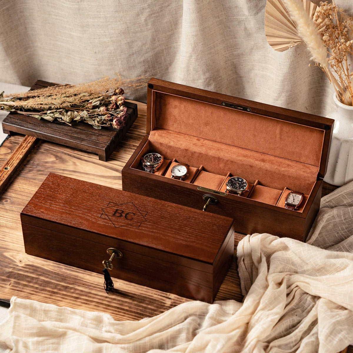 Engraved Walnut Wood Watch Box with Lock: 6-Slot Jewelry Storage, Christmas Gifts for Him