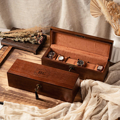 Engraved Walnut Wood Watch Box with Lock: 6-Slot Jewelry Storage, Christmas Gifts for Him