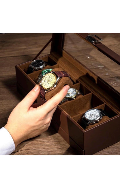 Leather Watch Box Organizer 6 Slots with Drawer | Elegant Watch Display Case Gift for Him or Her, Christmas Gift Idea