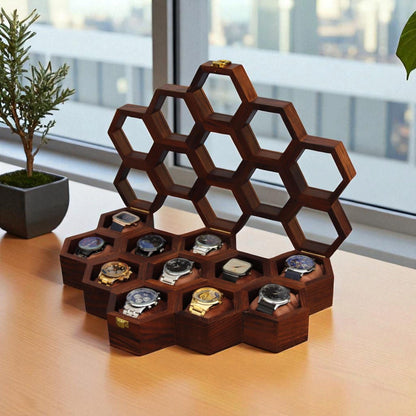 Vintage Watch Box for Men, Wooden Watch Storage Organizer, Display Case, Jewelry Box for Women - Honeycomb Shape, 11 Slots