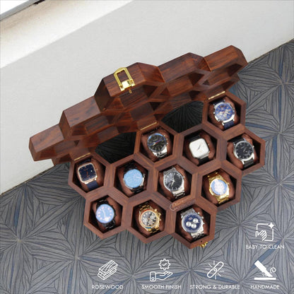 Vintage Watch Box for Men, Wooden Watch Storage Organizer, Display Case, Jewelry Box for Women - Honeycomb Shape, 11 Slots