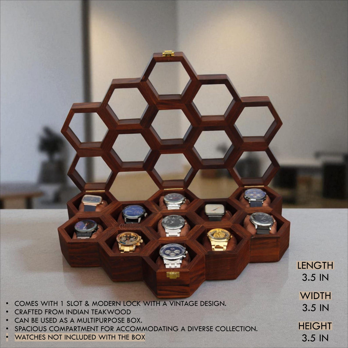 Vintage Watch Box for Men, Wooden Watch Storage Organizer, Display Case, Jewelry Box for Women - Honeycomb Shape, 11 Slots